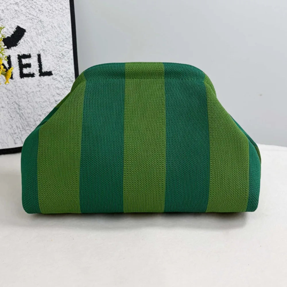 Knitted striped handbag dinner work beach large capacity daily versatile color contrast commuter clip bag women