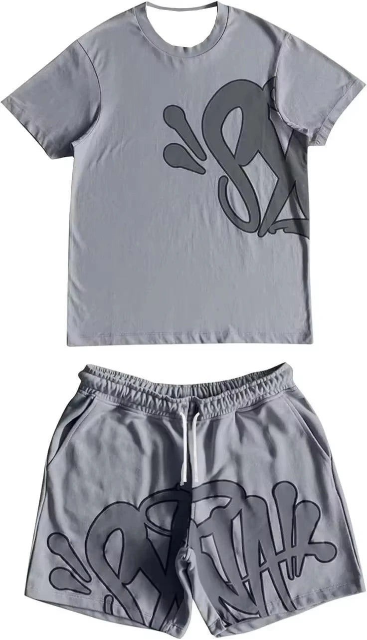 2026 Summer New Style Unisex Abstract Graffiti Graphic 2 Piece Tracksuit Black Tee and Elastic Waist Shorts for Kids Streetwear