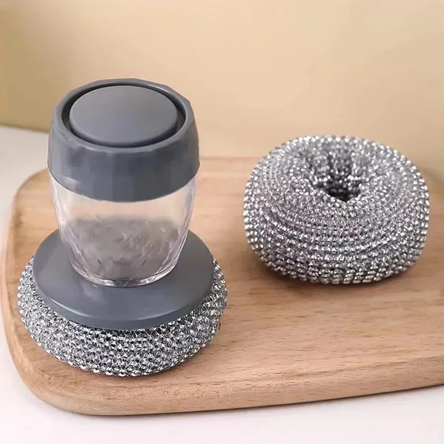 1~5PCs Automatic Liquid Adding Pot Washing Brush Stainless Steel Press Brush Kitchen Tool Household Cleaning Brush