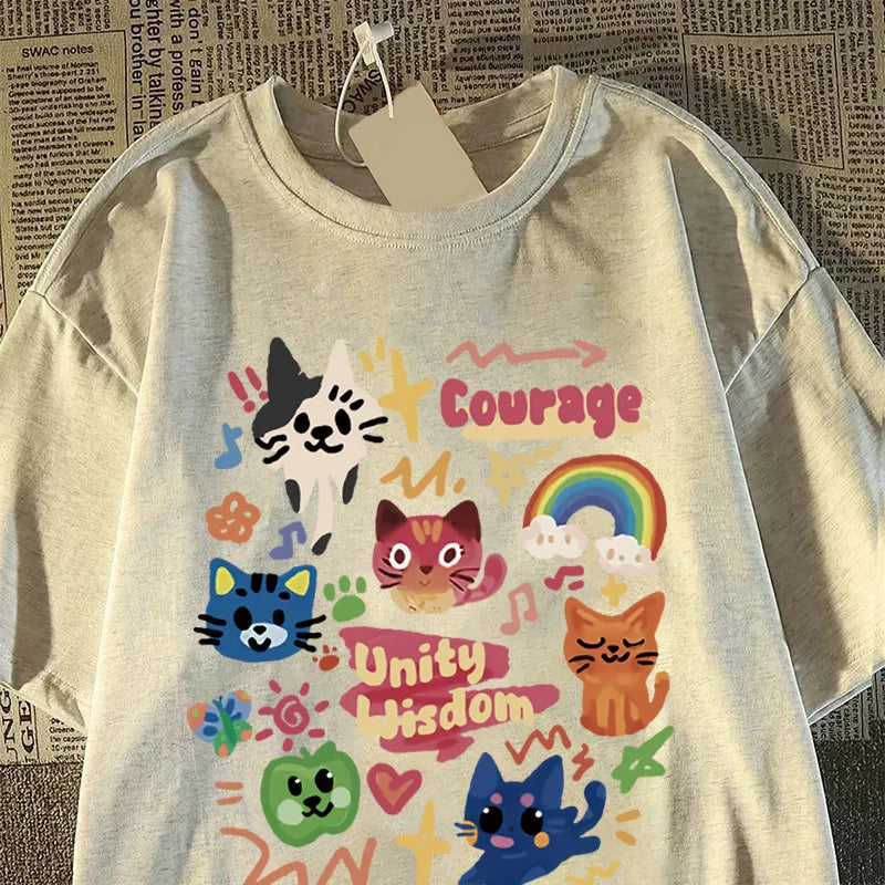 Summer Japanese Cute Child-fun Cat Printed Short-sleeved T-shirt for Ladies and Boys Same Loose Casual Large-size Top