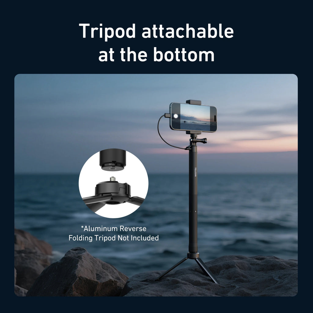 2025 TELESIN Selfie Stick 5000mAH Fast Charging Power 102CM Telescoping Selfie Pole with 1/4 Inch Screw For Insta360 and Phone