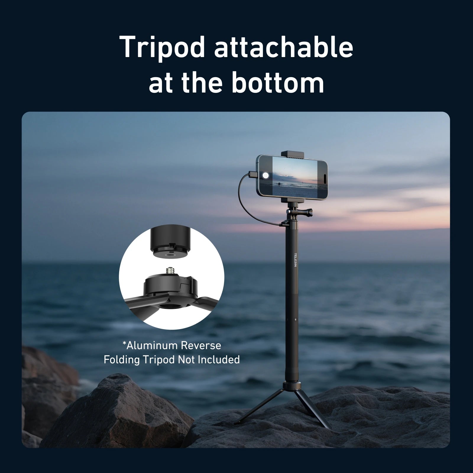 2025 TELESIN Selfie Stick 5000mAH Fast Charging Power 102CM Telescoping Selfie Pole with 1/4 Inch Screw For Insta360 and Phone