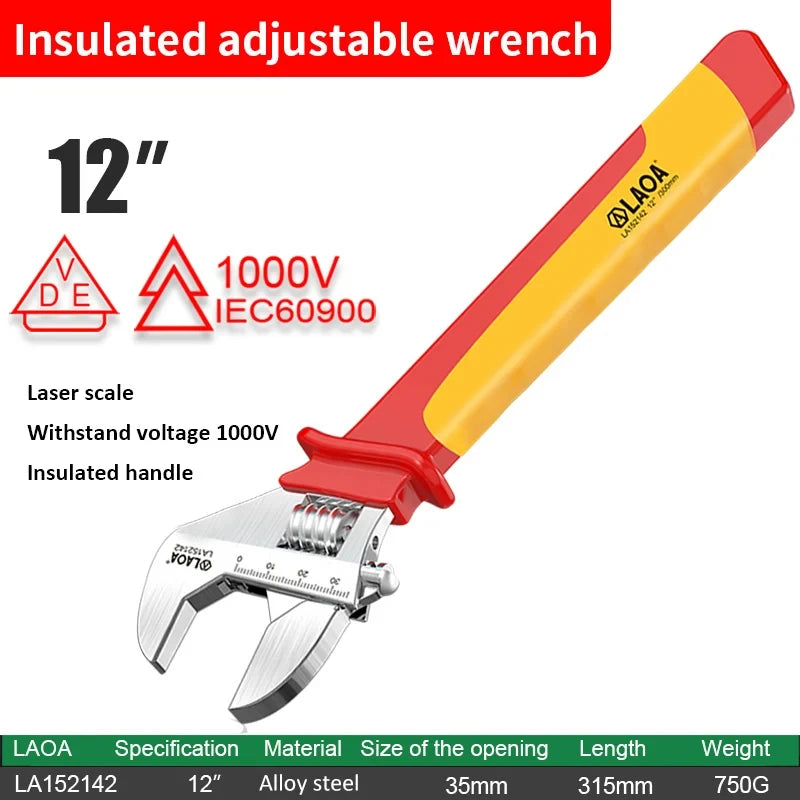 LAOA VDE Insulated Adjustable Wrench 6inch /8/10/12 inch 1000V Universal Spanner Electrician Maintenance Handle Hand Repair Tool