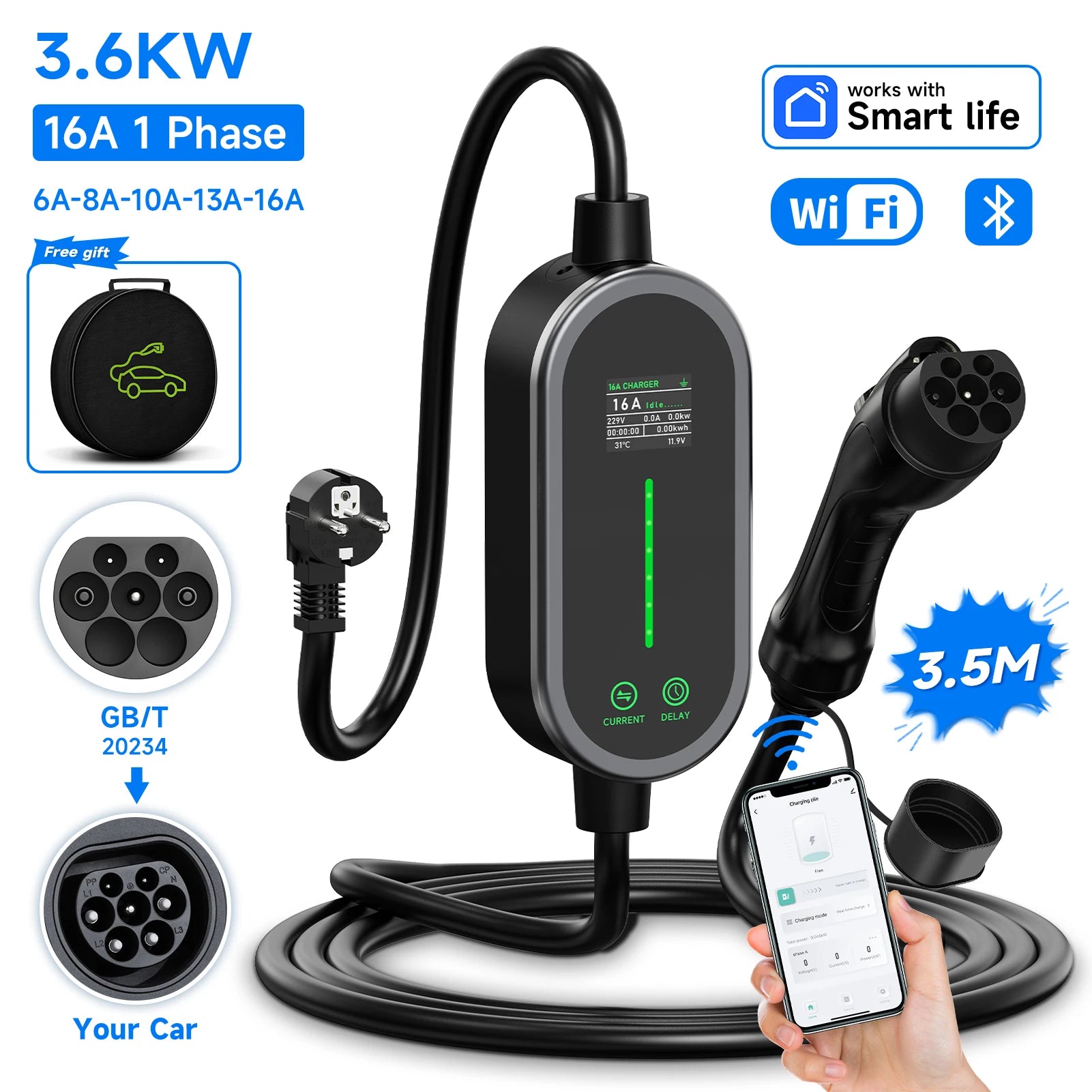 AFYEEV 3600W Portable Type2 IEC62196-2 EV Charger Type1 SAE J1772 Electric Car Charger GBT EVSE Charging Cable Wallbox EU Plug