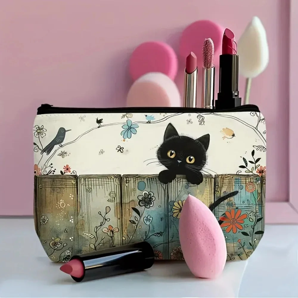 Black Cat Floral Zipper Pouch - Durable, Fade-Resistant Cosmetic Bag, Gift for Sisters, Friends, Cat Lovers and Vibrant Design