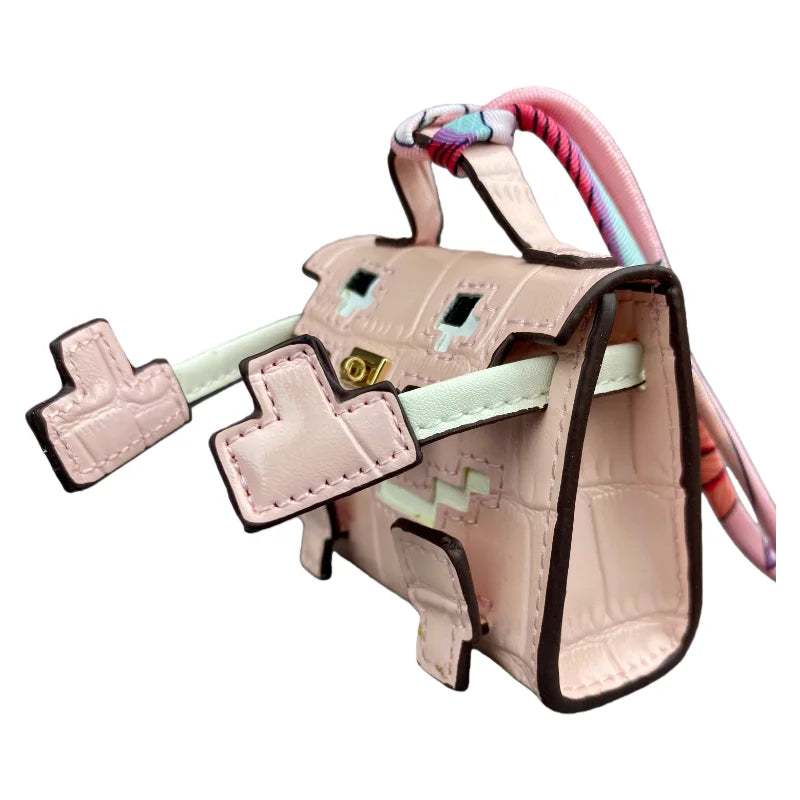 Mini Pixel Doll Bag Charm Adorable Croc-Etched PU Leather Keychain with Pouch for Earbuds & Coins Handcrafted Pastel Cutie Gift