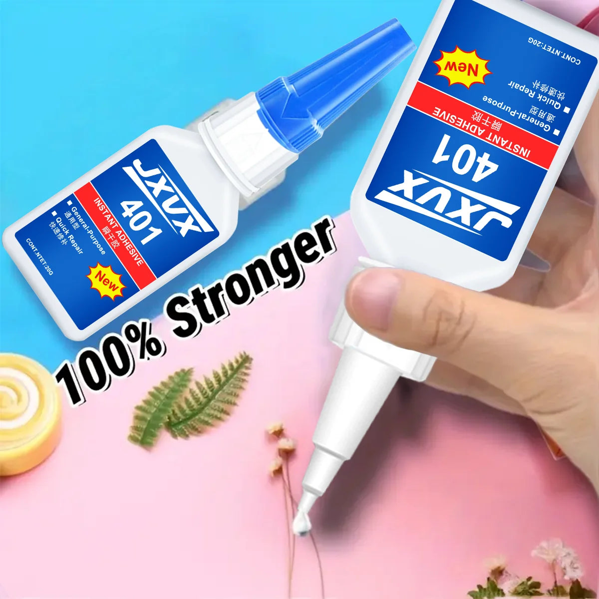 New and updated 401 super acrylate adhesive, instant drying in 5 seconds, waterproof, good stability, full bonding tool. Suitable for wood, plastic, ceramics, metal, rubber and so on.