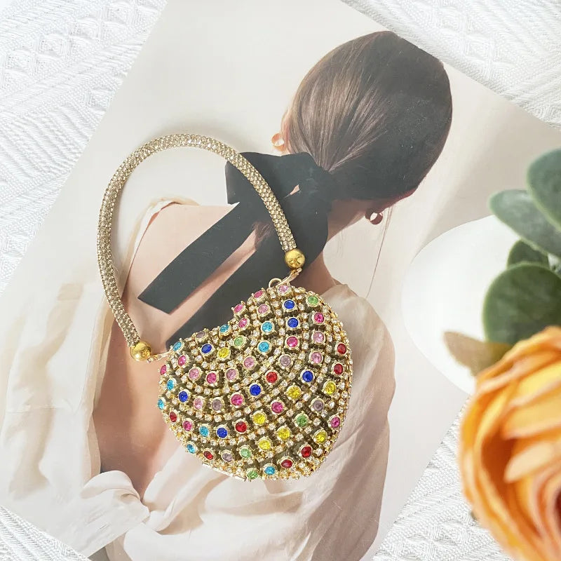 Heart Shaped Diamond Encrusted Glass Stone Evening Bag Women's Chain Handbag Stylish Crossbody Bag Elegant  Shape