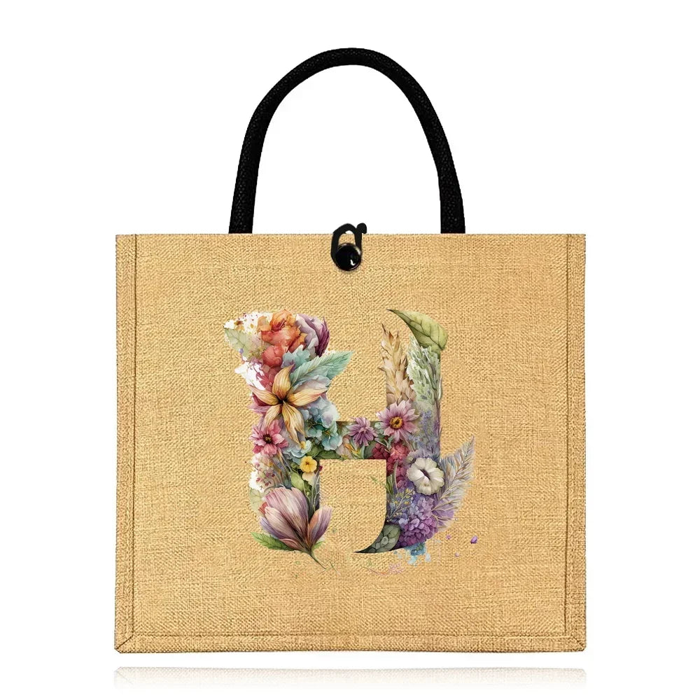 Flax Bag Fastener Handbag Organizer Storage Jute Tote Bags Imitation Cotton Women Valise Portable Floral Letter Printing Series