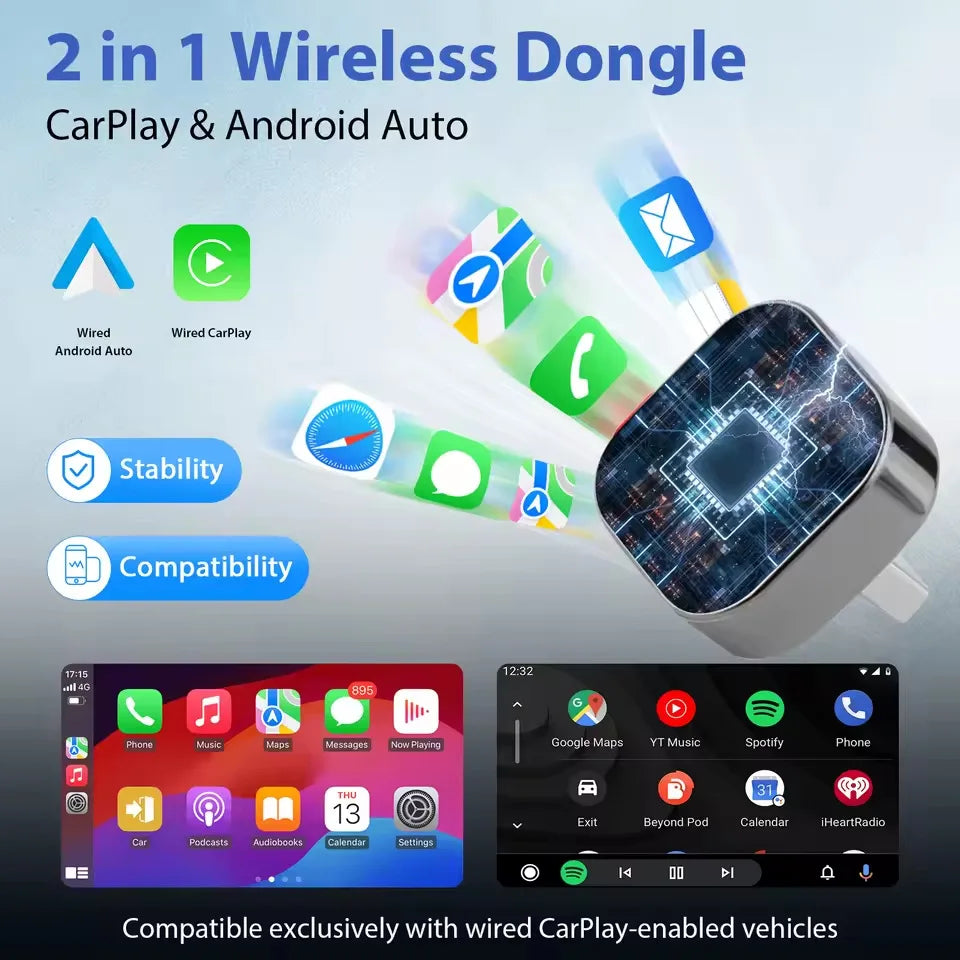 Smart Box Wireless CarPlay & Android Auto Adapter Plug & Play, USB/type-c 5GHz WiFi Low Latency, iOS 10+ Compatibility 99% car