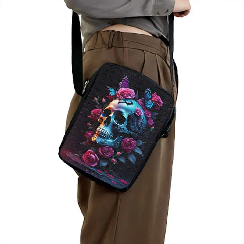 Skull Rose Butterfly Print Crossbody Bag Women Shoulder Bags for Travel Handbags Phone Holder Student Messenger Bags Gift