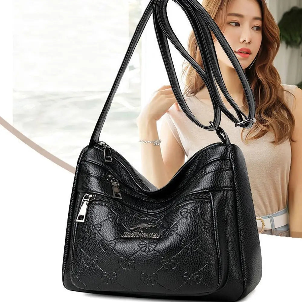 Fashion PU Leather Buying Vegetable Bag Black Large Capacity Middle-aged Mother's Bag Multi-layer Shoulder Messenger Bag Woman