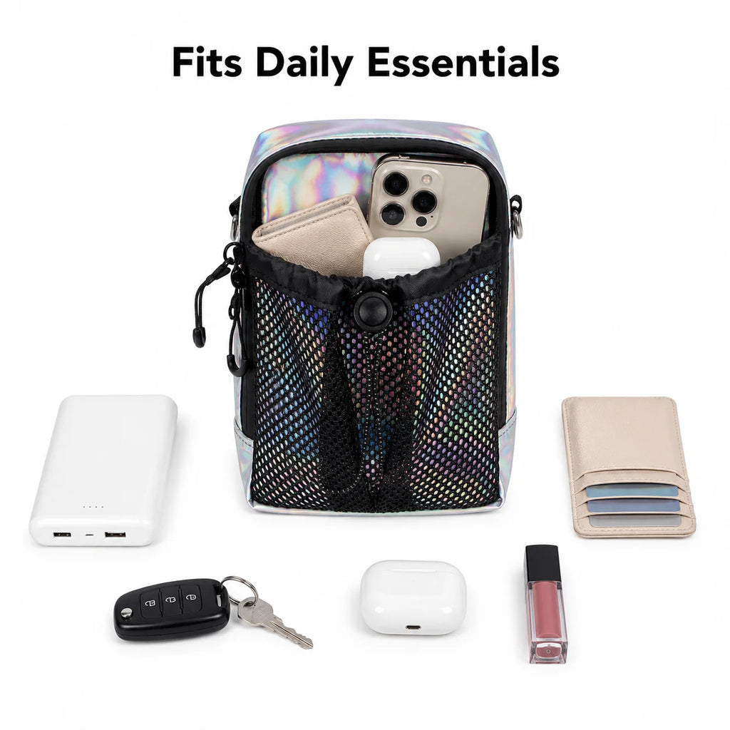 Holographic Crossbody Phone Bag Waterproof Small Shoulder Bag with Front Mesh Pocket Casual Travel Mini Messenger Pouch for Wome