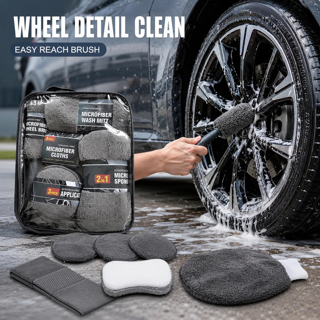 6/9Pcs Microfiber Car Wash Kit Scratch Free Auto Detailing Cleaning Tools Set Car Care Wash Mitt Towels Sponge Applicator Pads