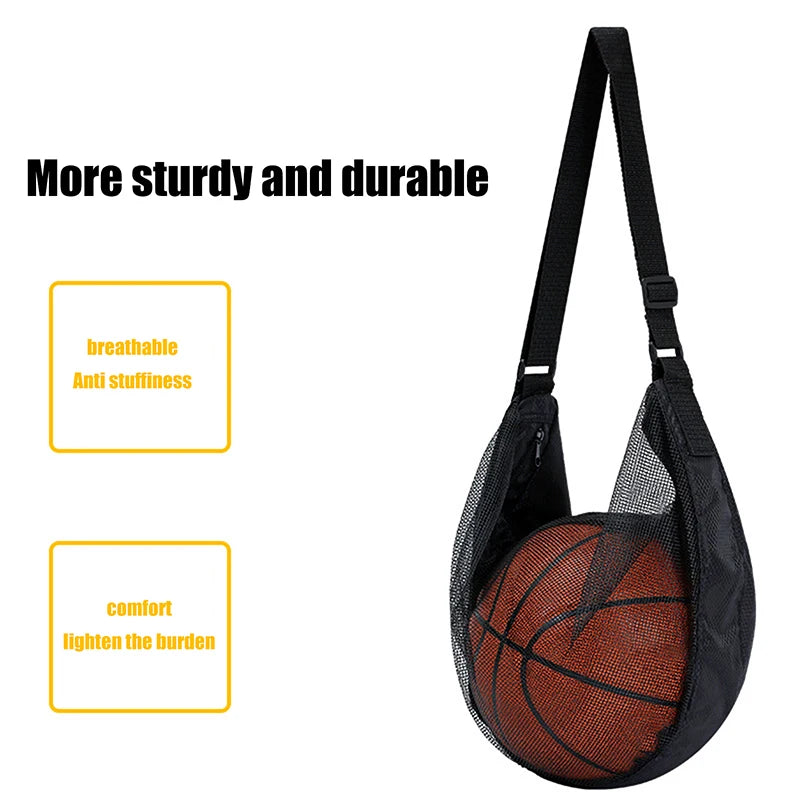 1Pc Drawstring Mesh Basketball Bag, Single Ball Sling Carry Net with Zipper Pocket Sports Storage