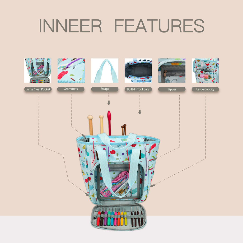 KOKNIT Knitting Tote Bag Yarn Storage Bag for Knitting Needles Crochet Hooks and Sewing Accessories DIY Sewing Kit Bag For Mom