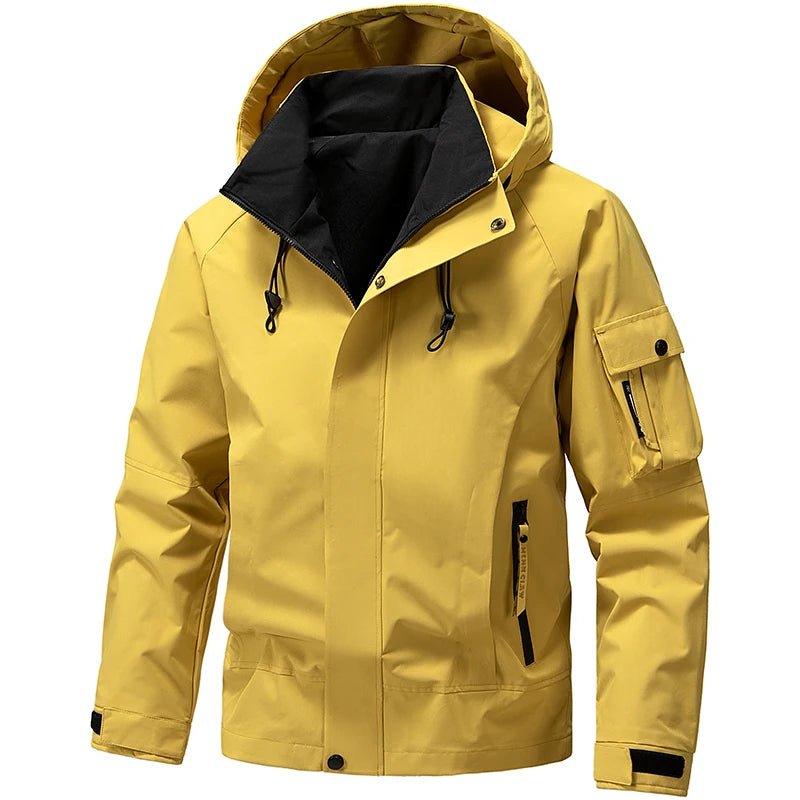 2026 Spring Waterproof Hooded Jacket Men Outdoor Softshell Zip Up Windbreaker Jackets Hiking Camping Coat Autumn Thin Overcoat