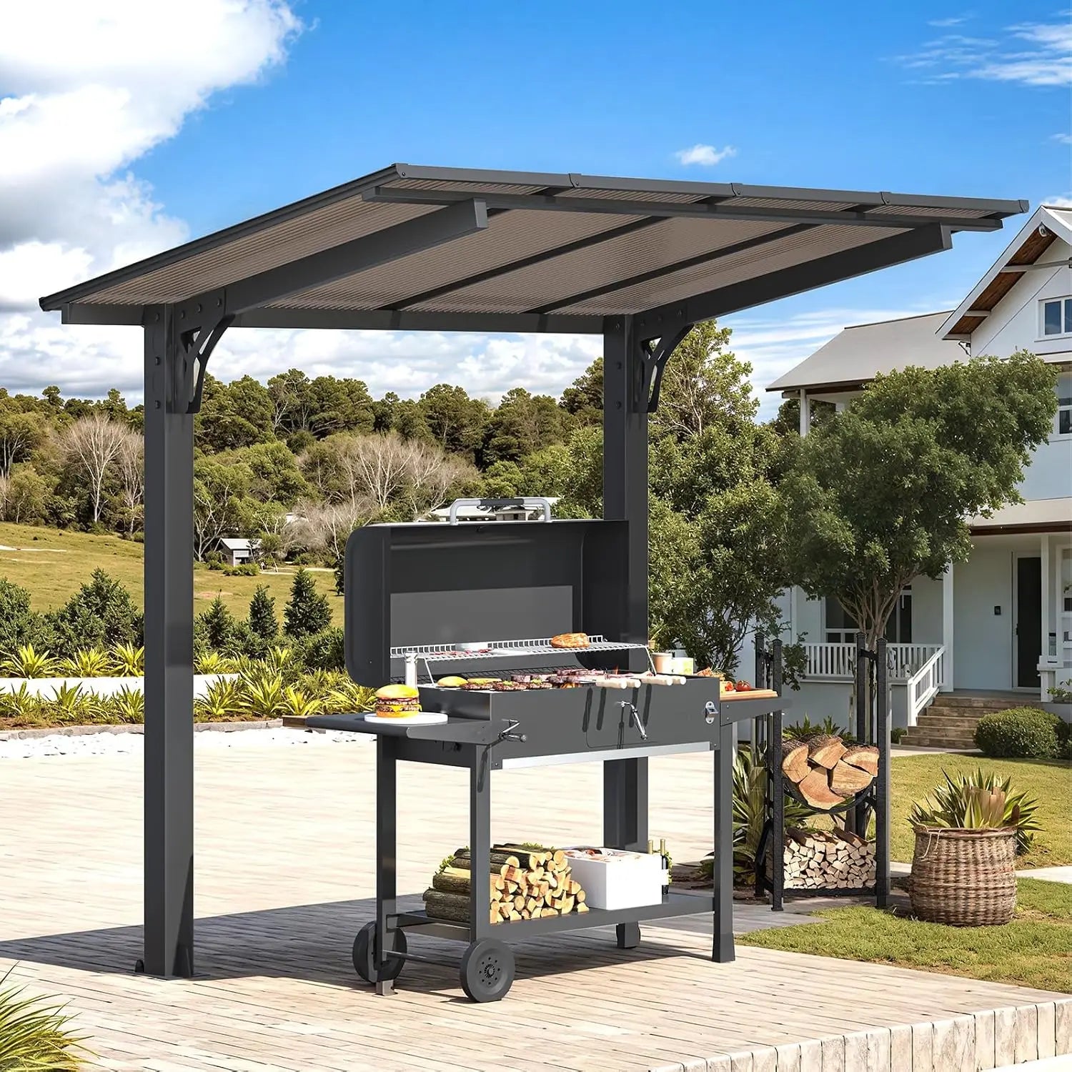8'×5' Freestanding Hardtop Lean-To Grill Gazebo,Outdoor Patio Carport Pergola, Customized