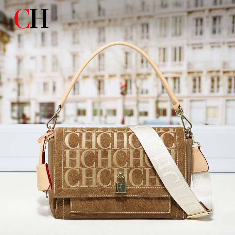 CH Embossed Flap Crossbody Bag Women 2 Detachable Straps Wide Shoulder Strap Designer Lock Leather Messenger Handbag