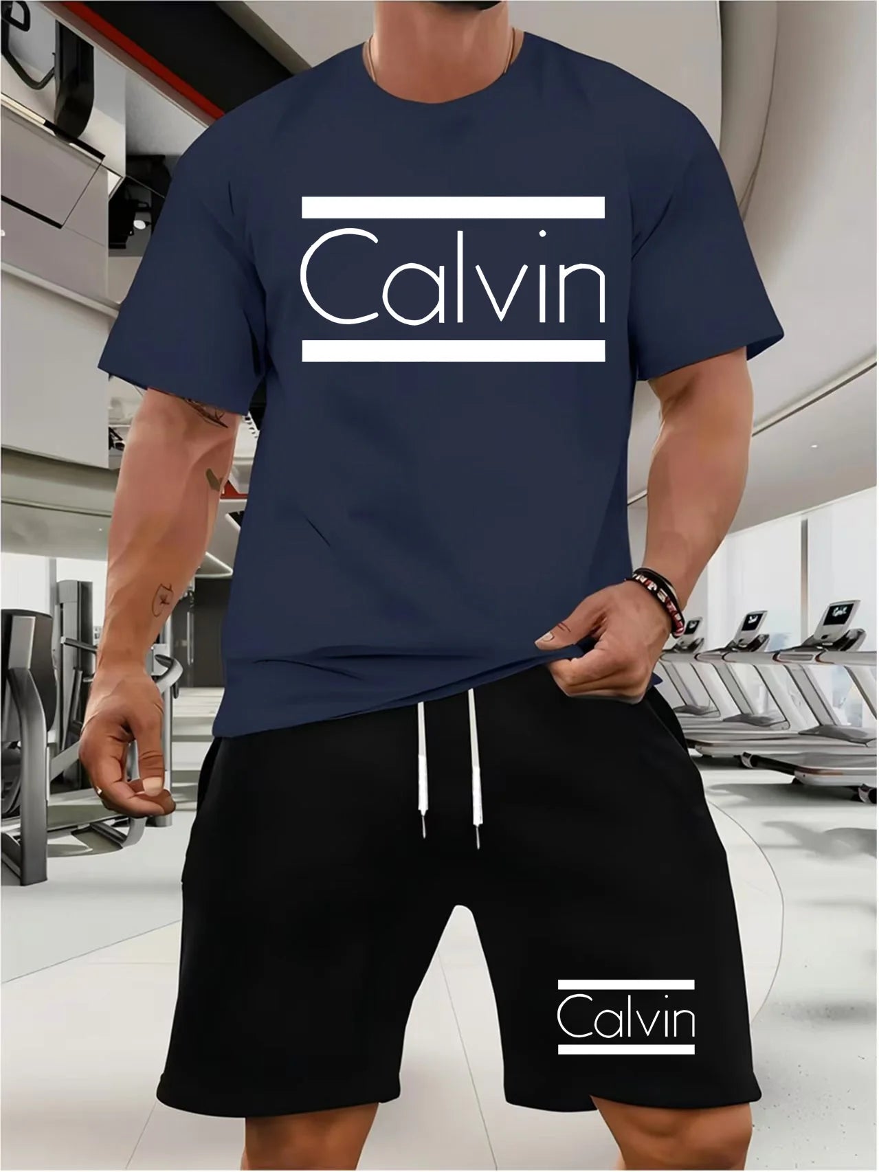 Men's T-shirt and shorts set summer casual loose and fashionable Calvin letter print comfortable round-neck short-sleeved T-shir