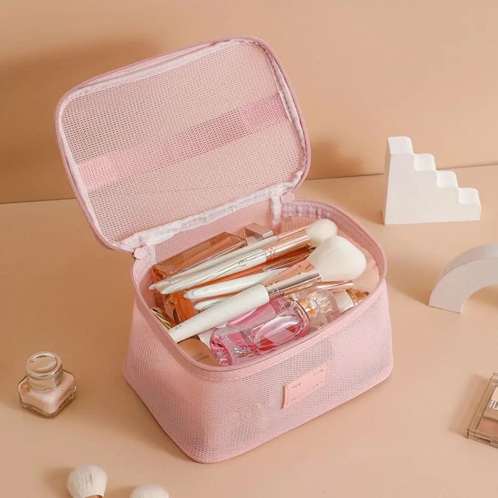Portable Mesh Handheld Makeup Bag Lightweight Zipper Transparent Mesh Cosmetic Bag Square Large Capacity Cosmetic Cases