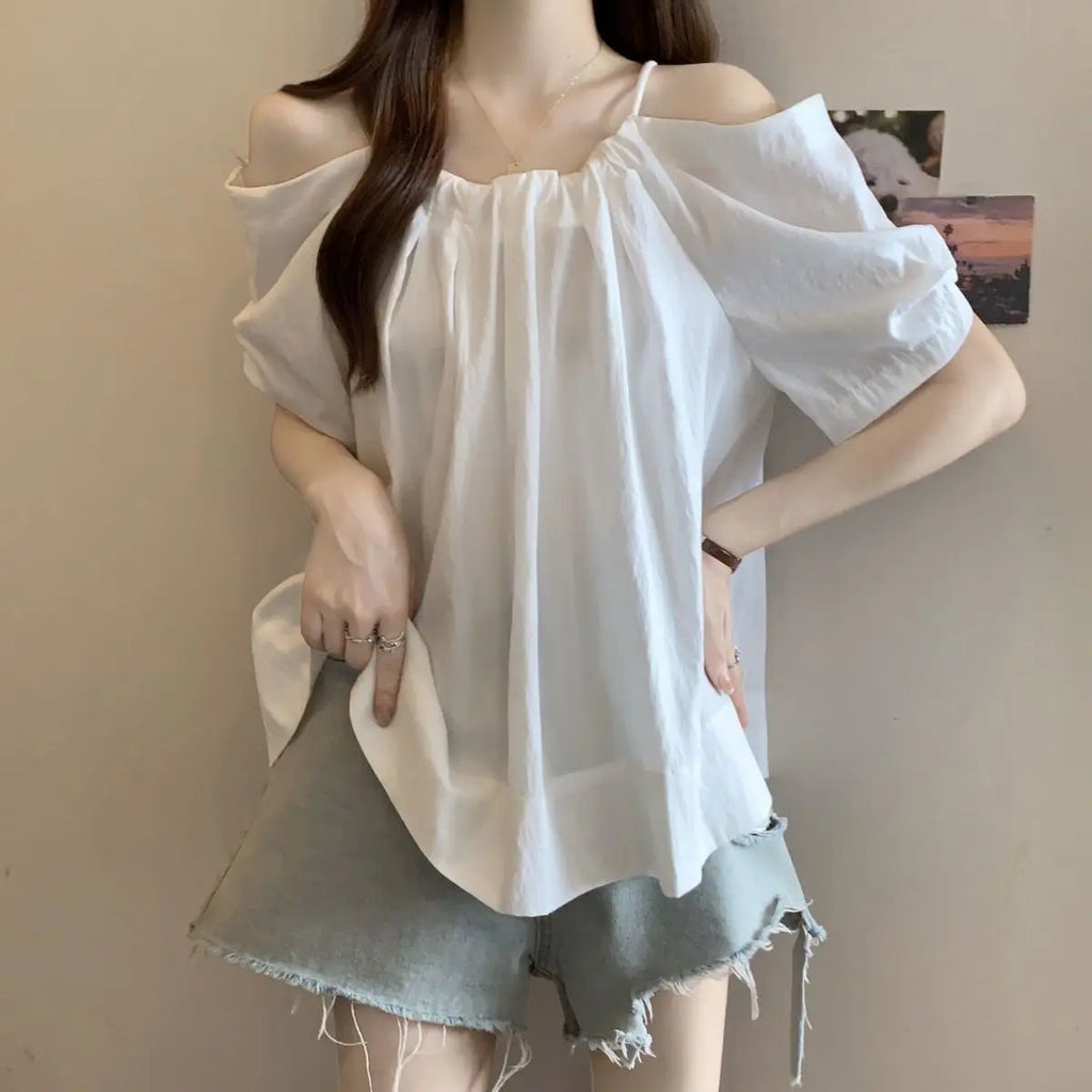 Summer Plus Size Women's New Arrival Solid Color Versatile Loose Slimming Drawstring Tank Top One-Shoulder Short Sleeve Top