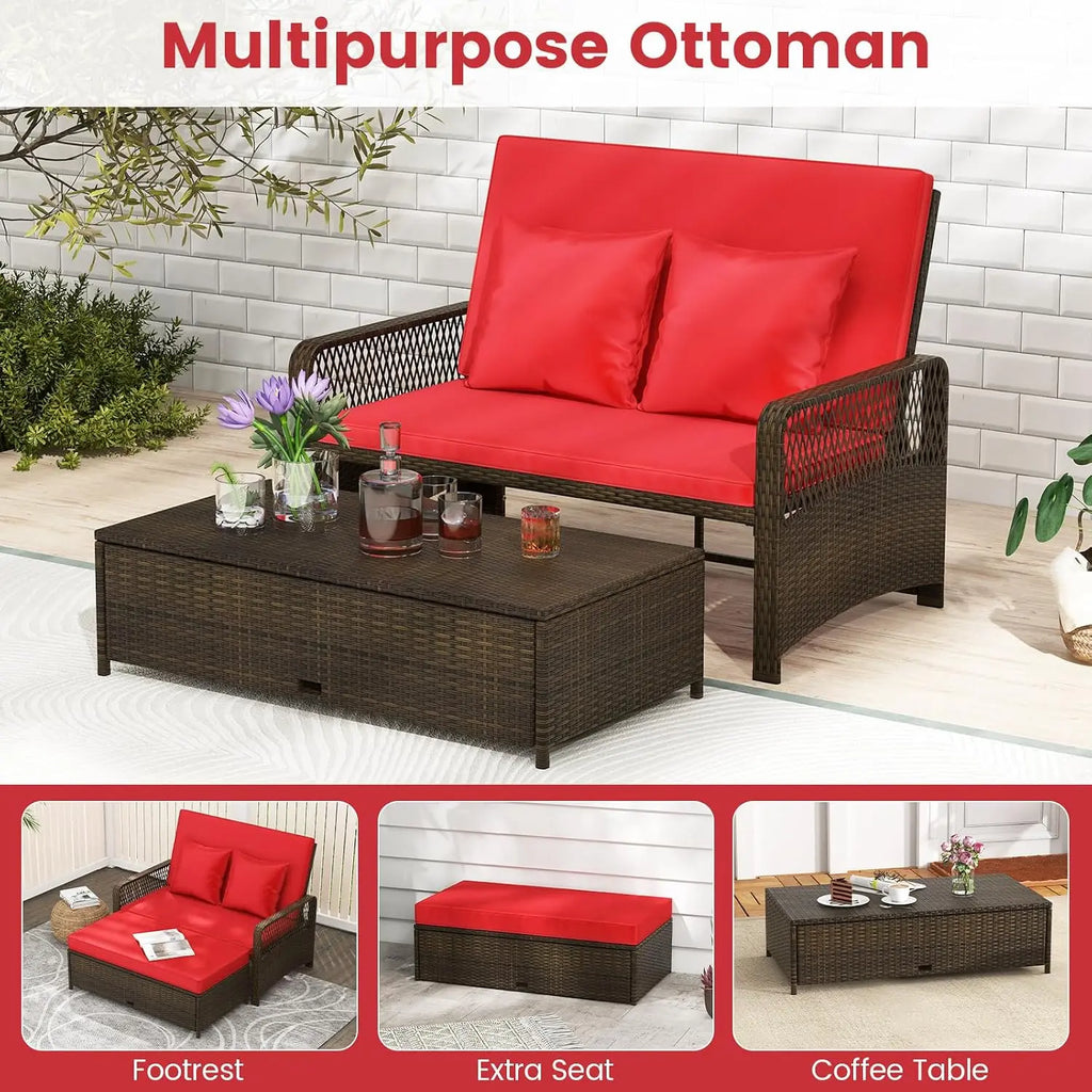 Outdoor Daybed, Wicker Loveseat Sofa Set with Storage Ottoman, 4-Level Adjustable Backrest, Sofa Pillows &, Customized