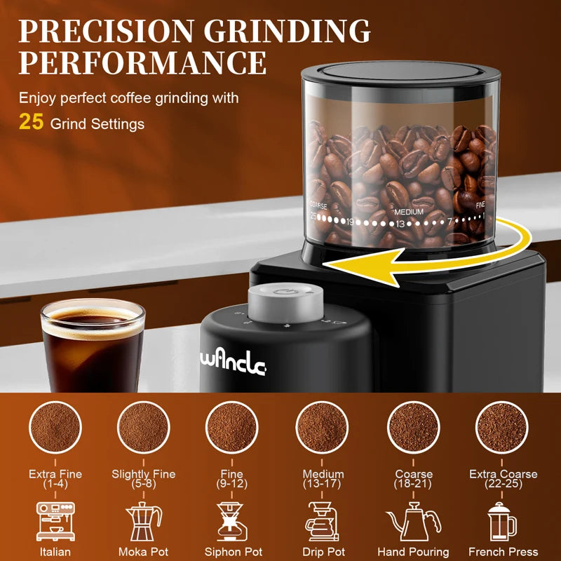 Coffee Bean Grinder Conical Burr Coffee Grinder Electric with 25 Adjustable Grind Settings for Espresso French Press 2-12 Cups