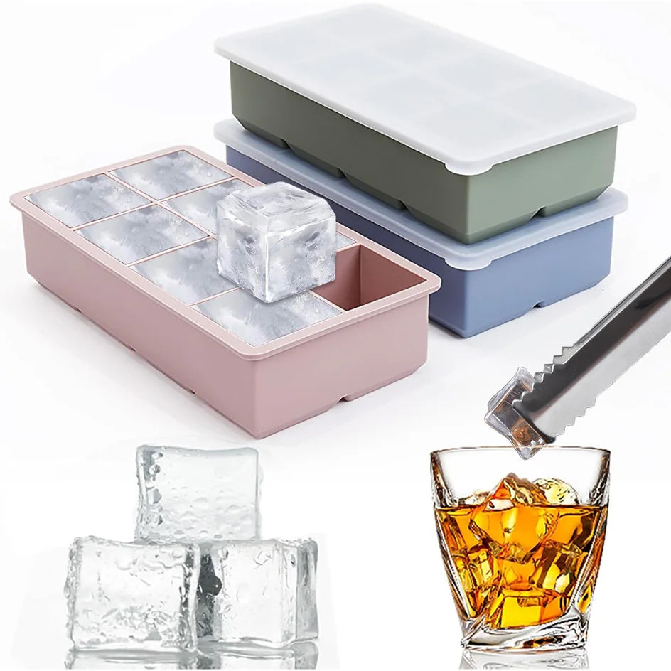 8 Grids Large Ice Cube Tray with Lid Food Grade Silicone Rubber Colorful Square Ice Cube Mold For Cocktail Iced Coffee Kitchen