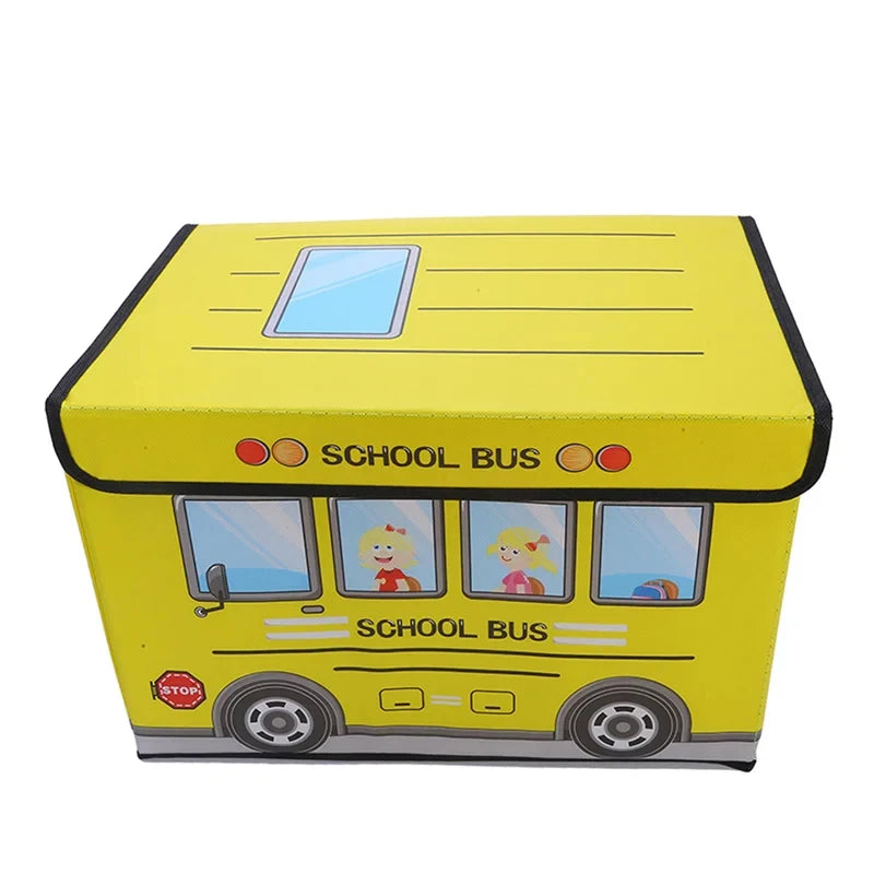 Cartoon School Bus-Themed Children's Toy Storage Box: Large-Capacity, Foldable Storage Box with Lid for Home and Travel
