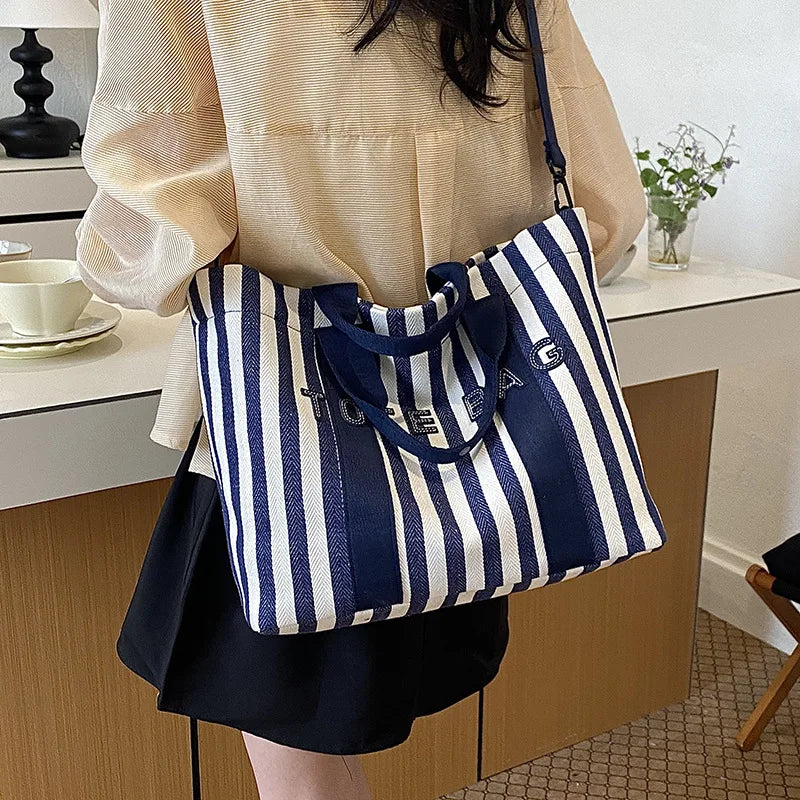 Fashion Striped Contrasting Tote Bag Large Capacity Casual Canvas Shoulder Crossbody Bag Versatile Letter Embossed Women Handbag
