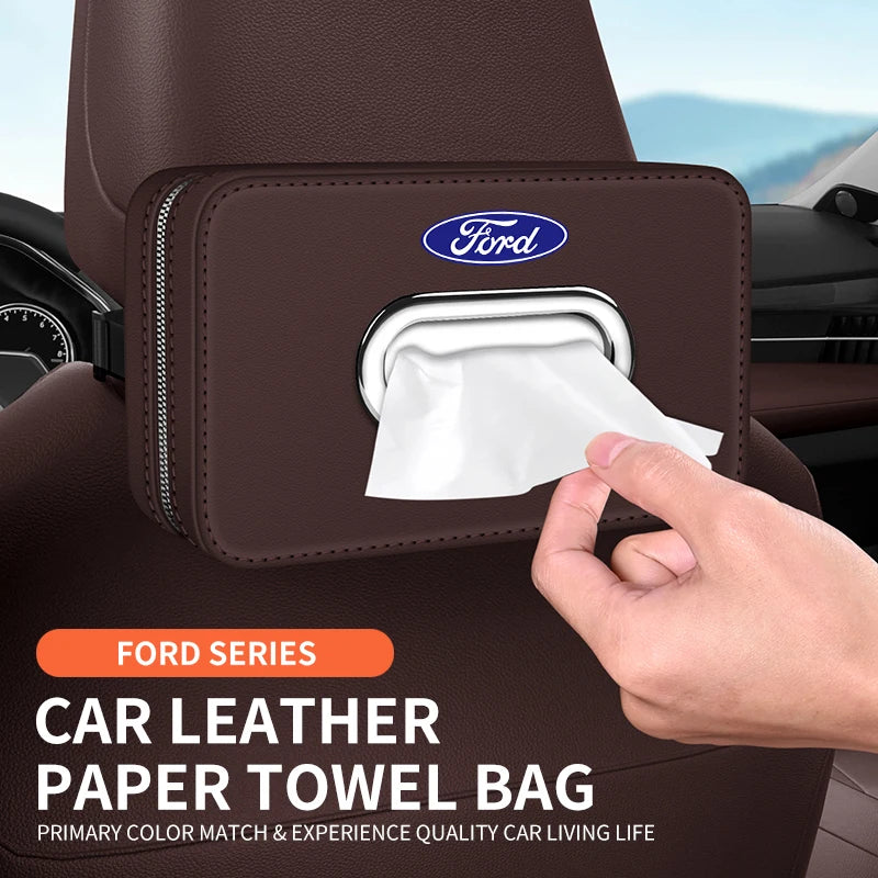 For Ford Mondeo Focus Explorer Escape Kuga Everest Bronco F-150 Ranger Transit Car-Mounted Leather Tissue Paper Storage Box