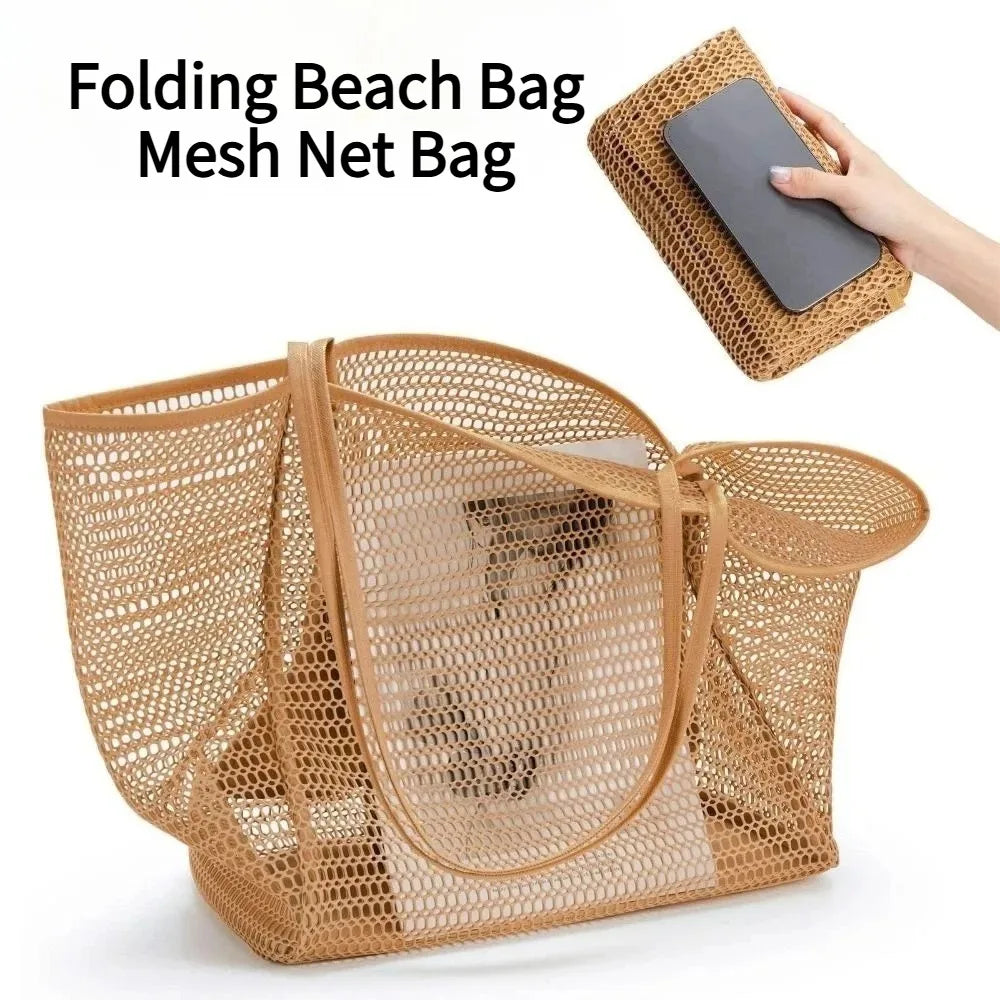 1pcs Foldable Beach Bag with Mesh Net, Women's Shoulder Bag, Essential for Outdoor Travel and Leisure Activities