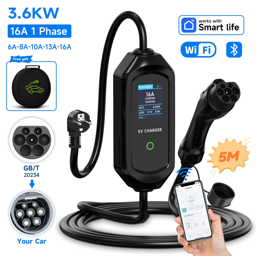 AFYEEV 3600W Portable Type2 IEC62196-2 EV Charger Type1 SAE J1772 Electric Car Charger GBT EVSE Charging Cable Wallbox EU Plug