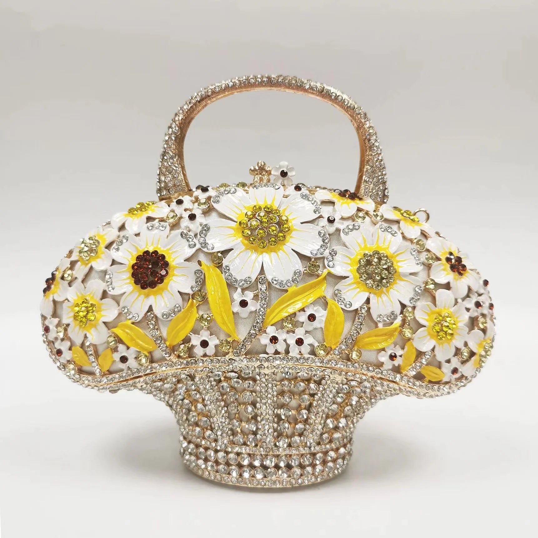 WHTUOHENG Women's Rhinestone Embellished Flower Leaves Basket Clutch Bag Luxury Diamond Evening Purse Crystal Bridal Handbag