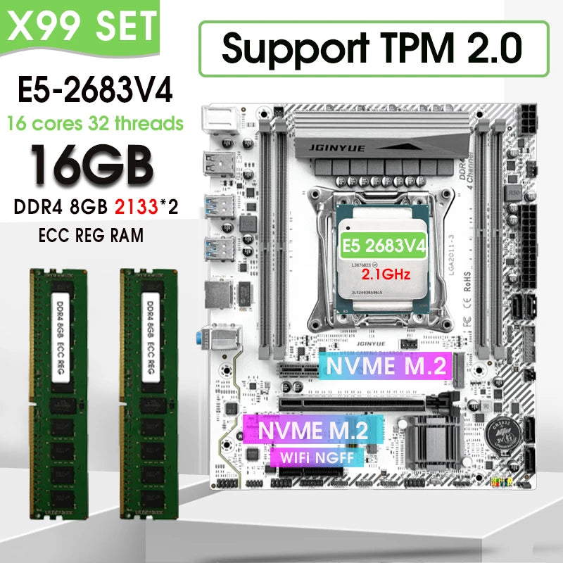 X99 GAMING D4 Motherboard Set Kit With LGA2011-3 Xeon E5 2683 V4 CPU DDR4 16GB REG ECC Memory NVME M.2 TPM 2.0 Interface X99 Set