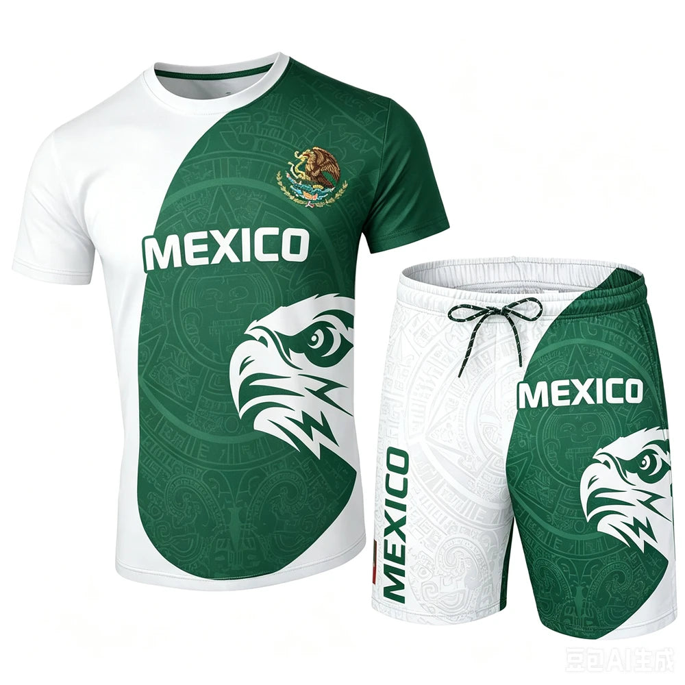Mexico National Flag Pattern Men's Sets Fashion 3D Eagle Printing Short Sleeve Tees and Shorts 2 Piece Casual Loose Summer Suits