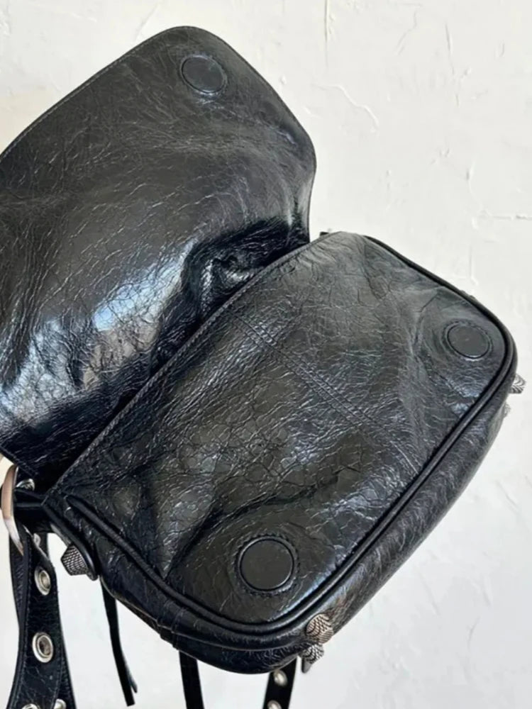 Unisex Oil Wax Leather Motorcycle Crossbody Bag Cowhide Rivet Flip Cover Street Style Soft Square Shape Shoulder Bag for Men...