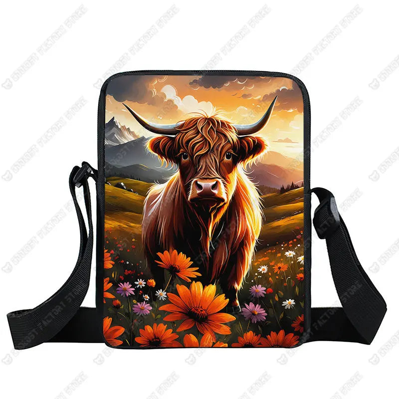 Scottish Highland Cows Print Crossbody Bag Highland Cow Sunflower Women Handbag Key Money Phone Holder Messager Shoulder Bag