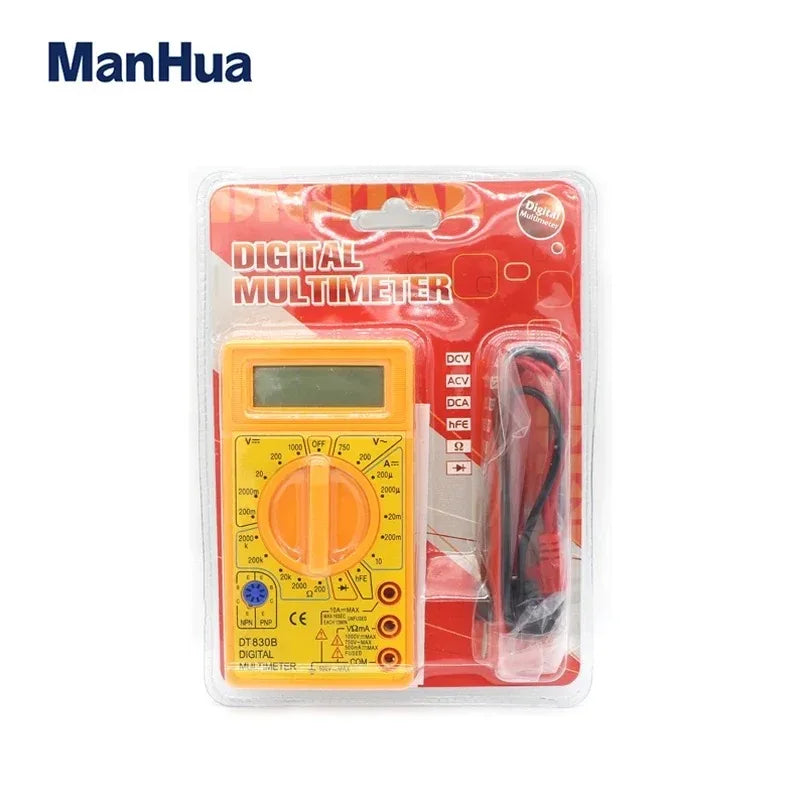 ManHua DT830B Mini Digital Multimeter with LCD Overload Protection Voltage Amperage Test Probe DC AC Yellow