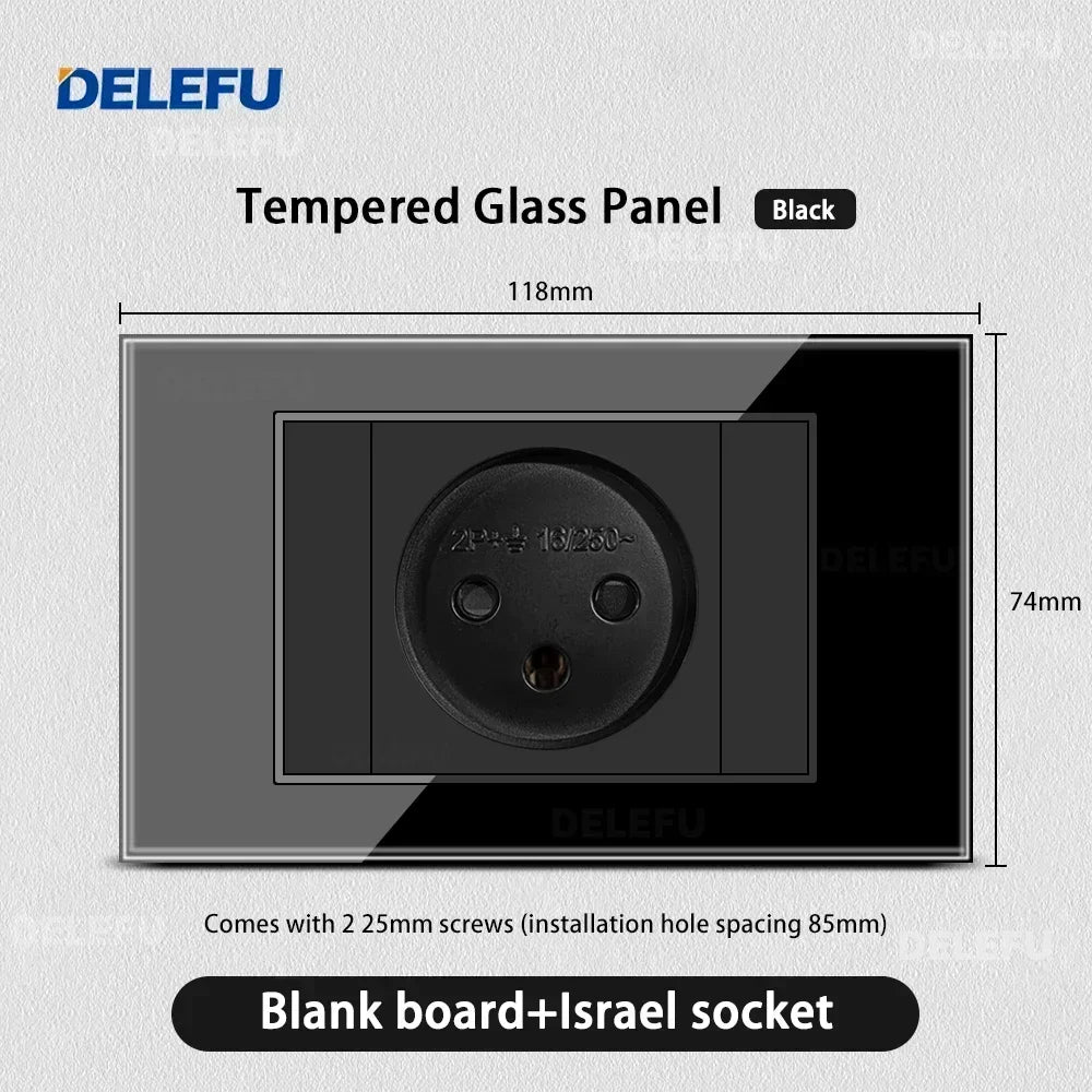 DELEFU Black Tempered Glass Israel USB Type C Fast Charging Wall Socket Light Tuya Wifi Smart Switch Sat TV Tel Doorbell Curtain