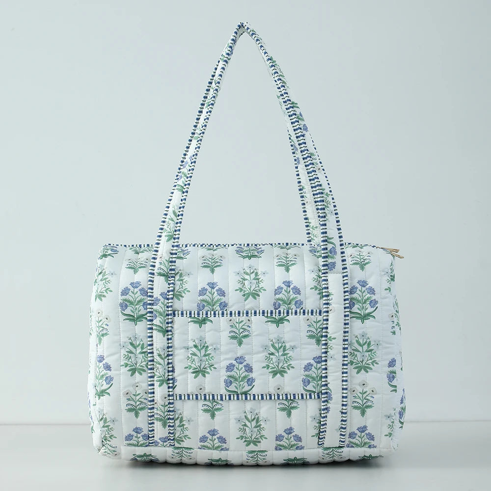 Large Quilted Travel Bag For Women Weekender Bag Floral Block Print Cotton Luggage Overnight Duffle Bags