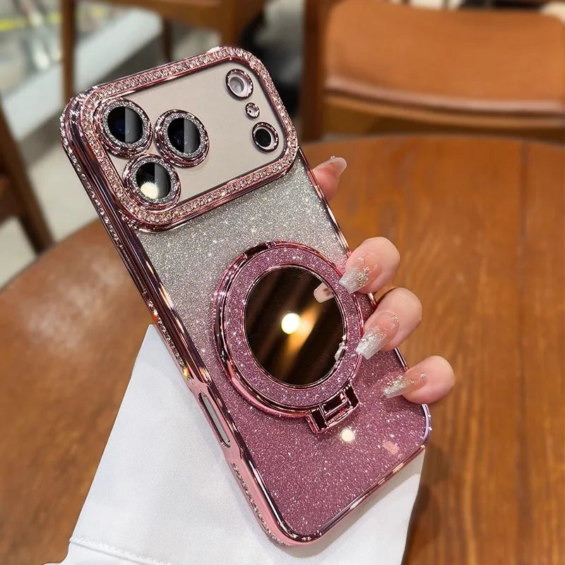 Gradient Glitter Diamond Magnetic Case For iPhone 17 16 15 14 13 12 11 ProMax Plus For Magsafe Mirror Stand Cover For iPhone Air