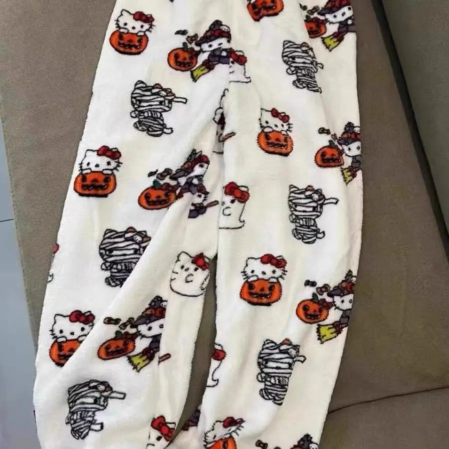 New Autumn Winter Flannel Popular Hello Kitty Pajama Pants Thickened Velvet Warm Casual Cartoon Home Pants Casual Comfortable