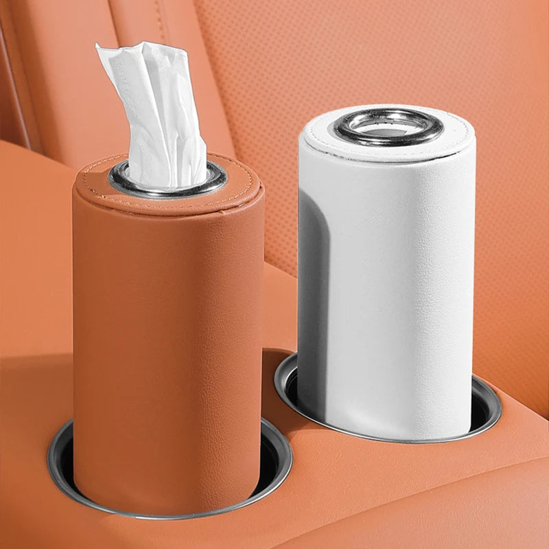 1Pc Universal Cylinder Car Tissue Box Luxury PU Leather Napkin Holder for Cup Holder Storage Case Suitable for Tesla Audi Merced
