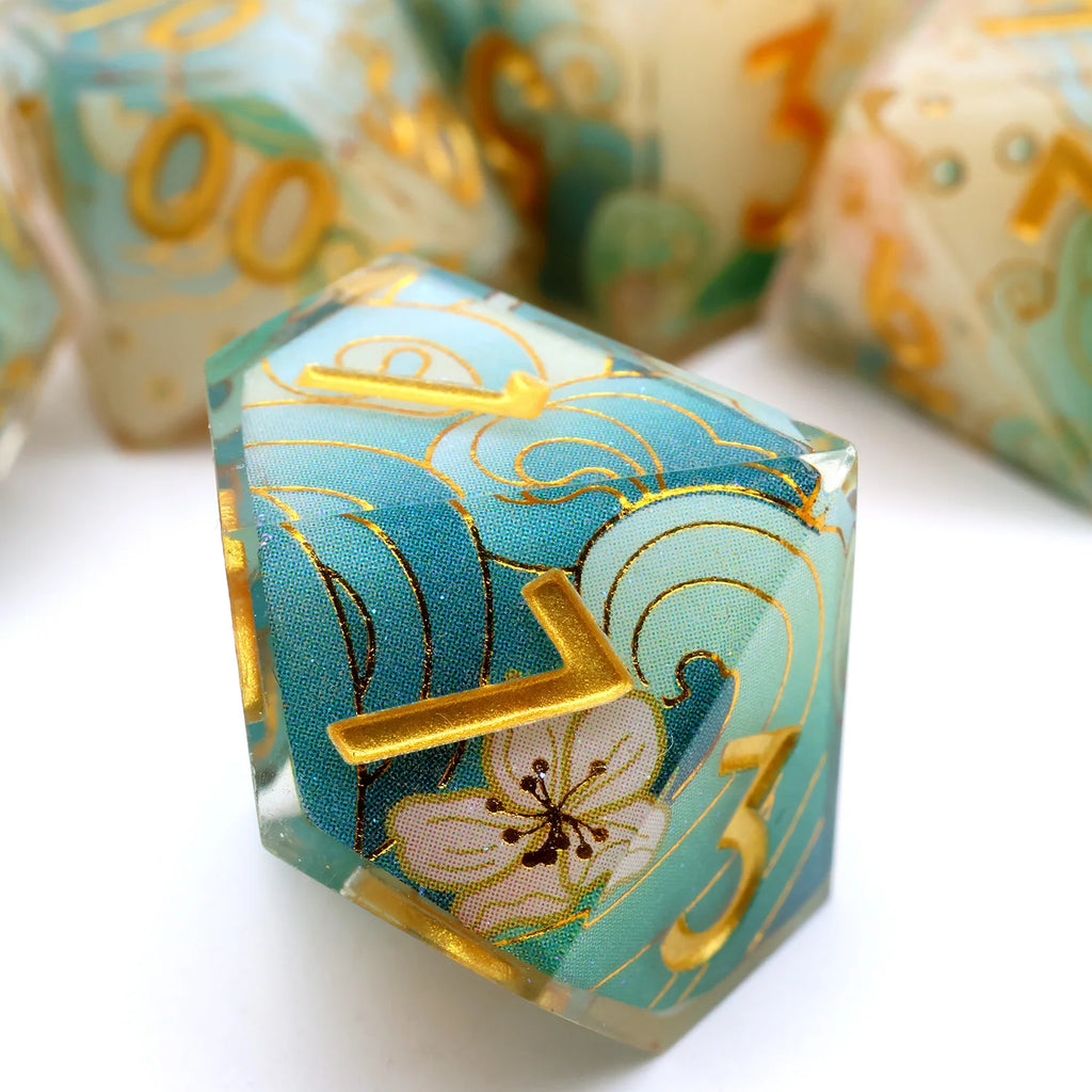 Enchanting DND Dice Set with Ocean Wave & Peach Blossom Designs-Perfect for Board Game,RPG & Tabletop Gaming Adventures-F2