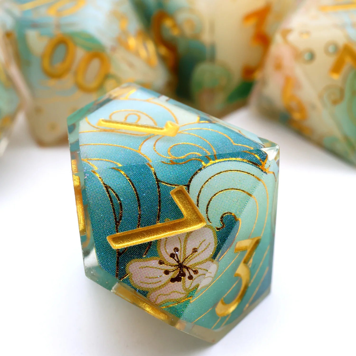 Enchanting DND Dice Set with Ocean Wave & Peach Blossom Designs-Perfect for Board Game,RPG & Tabletop Gaming Adventures-F2