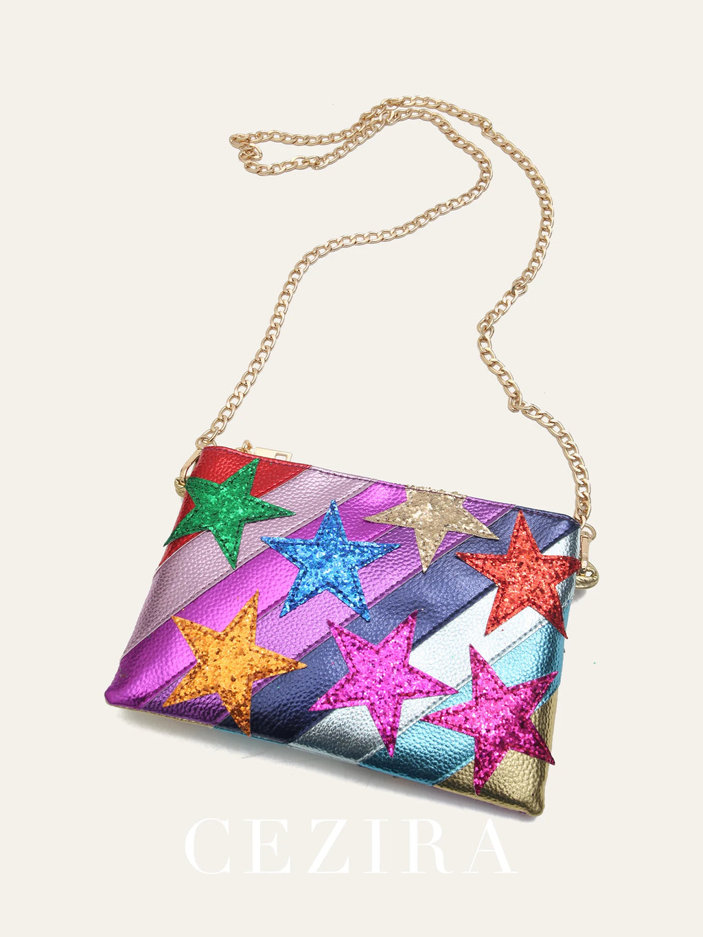 Luxury Chic Women Metallic PU Vegan Leather Square Clutch Stars Pattern Colorful Stripes Chain Shoulder Handbag Party Date Gift