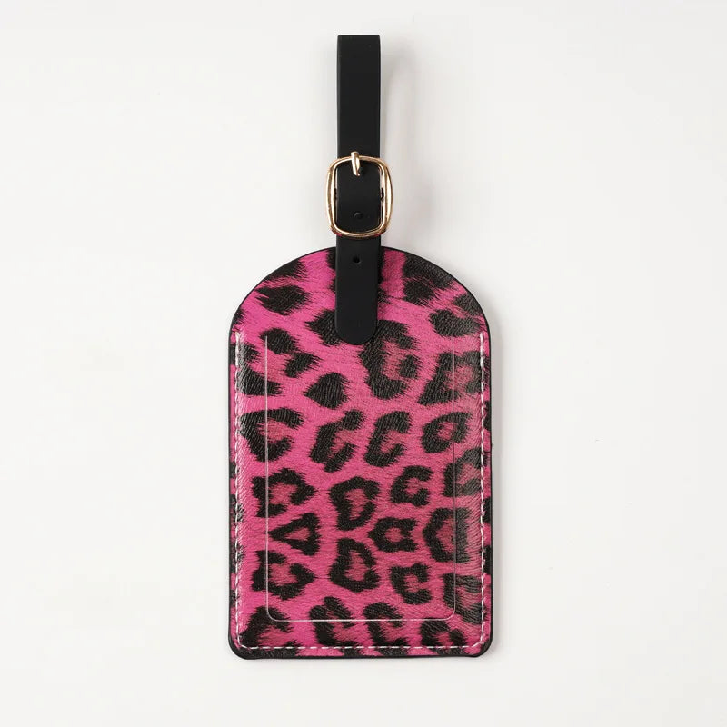 Women Men Fashion Leopard Print Luggage Tags PU Leather Suitcase Labels Tags with Adjustable Strap Travel Travel Accessories