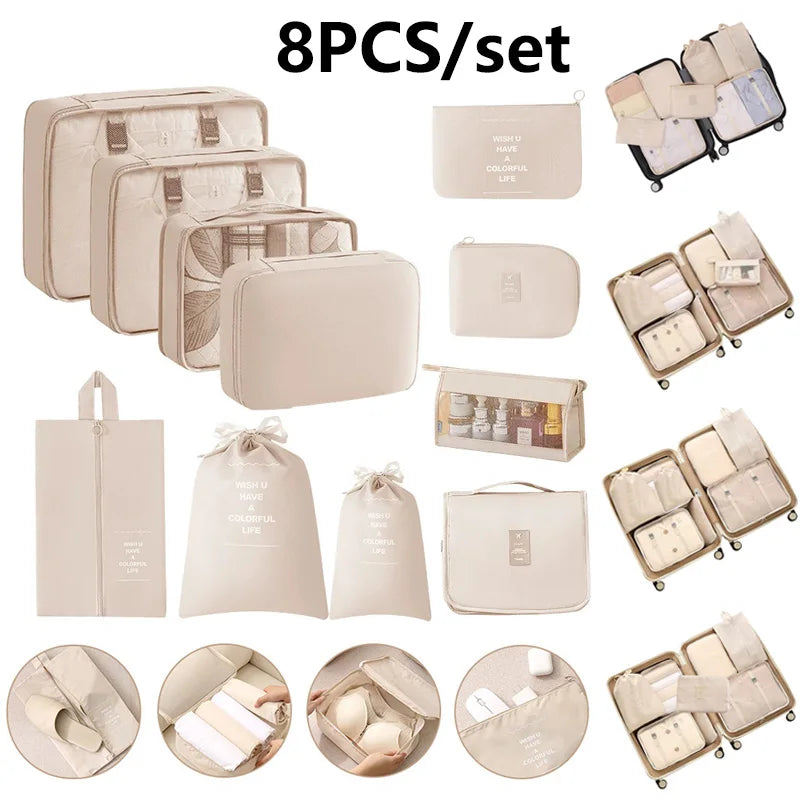 8Pcs Travel Packing Cubes Set Waterproof Luggage Organizer with Drawstring Storage Pouches for Clothes Shoes Underwear Cosmetics